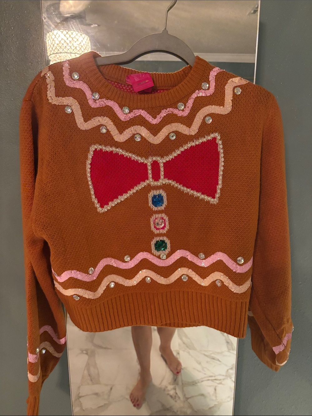 QUEEN OF SPARKLES Brown Sweater with Red Bow and Pink Trim